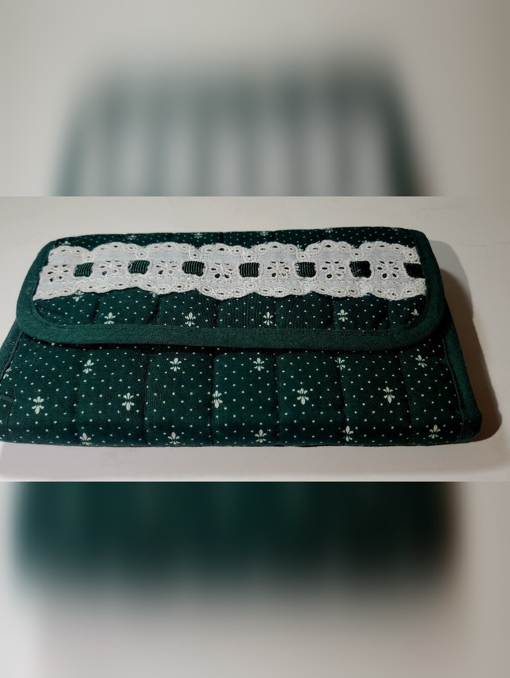 Quilted Green Floral Wallet with White Eyelet Trim